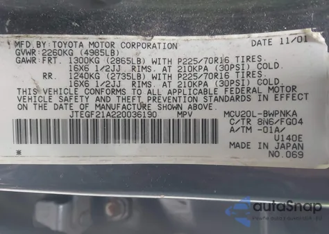 2002 Toyota Highlander V6 z USA, uszkodzony, nr VIN JTEGF21A220036190